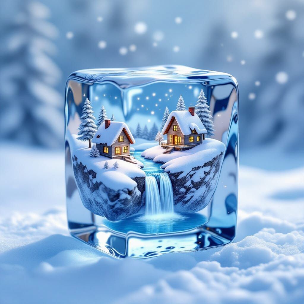 An ice cube is floating in a glass of water. Inside the cube are some cozy little houses and a small ...  by @Chaim