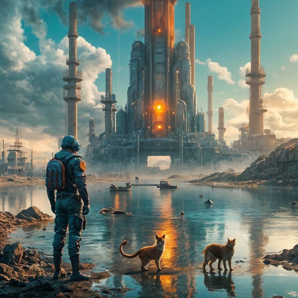 <lora:Star Scream:1.0>
Man by a lake with a cat standing on ...