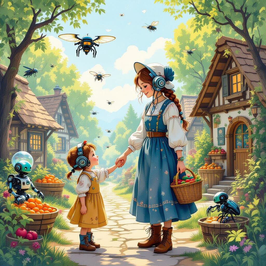 Cyberpunk Amish Girl in Solarpunk Village Festival