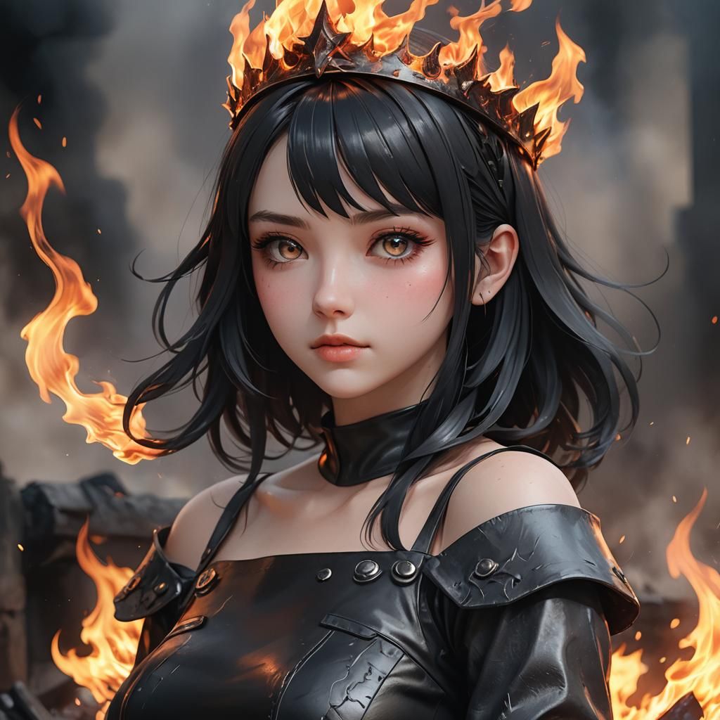 Stunning Anime Girl with Flaming Crown in 3D