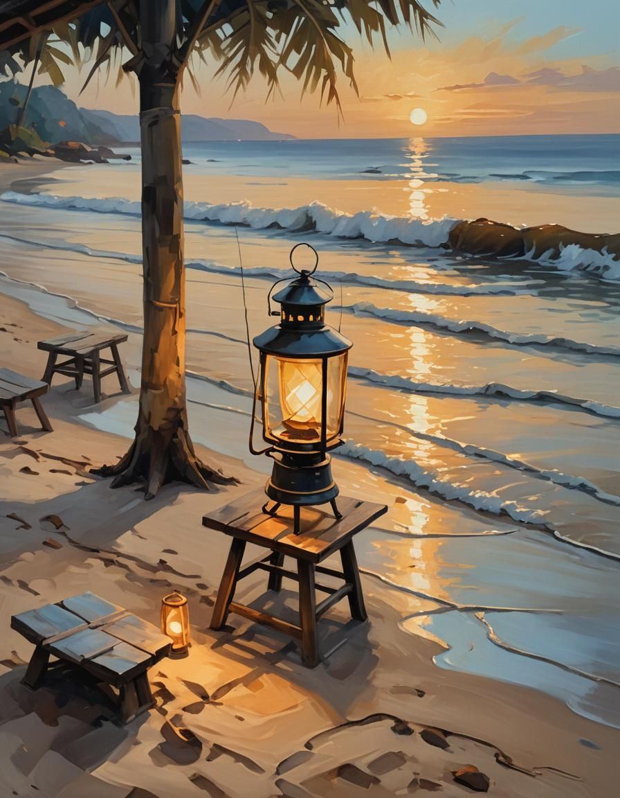 Beachfront Coffee Stall at Dawn: Impressionist Oil Painting