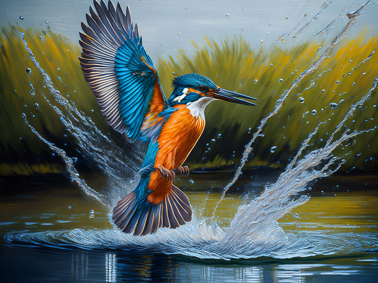 A breathtaking neo-impressionist oil painting of a kingfishe...