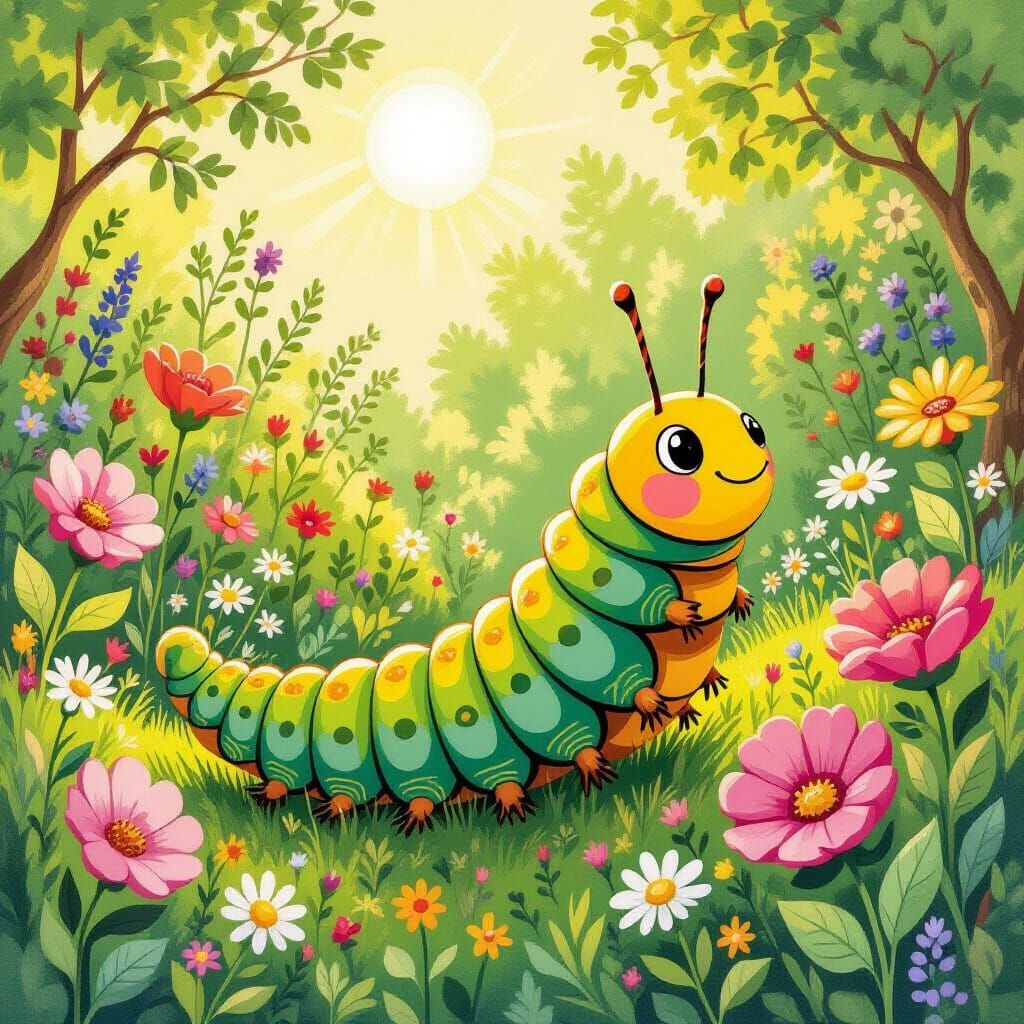 Delightful Caterpillar in Garden, Storybook Illustration