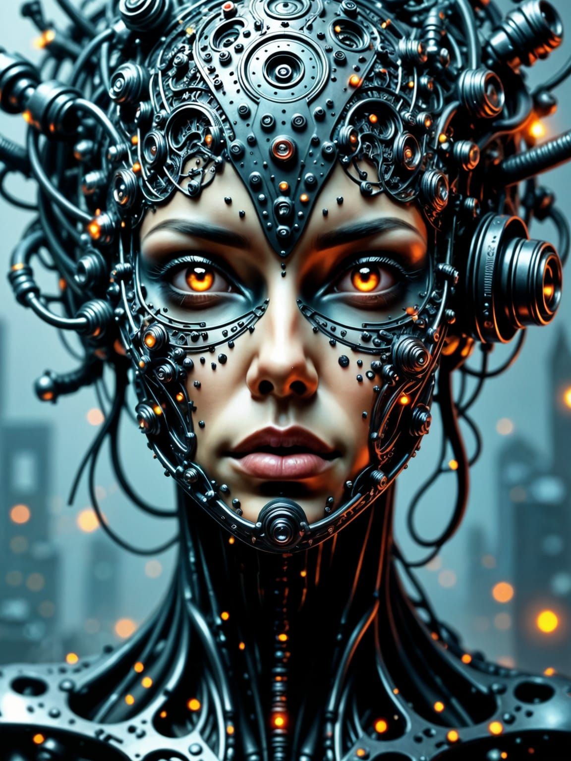 a hallucinatory female portrait that is a blend of mathematical concepts and cyberpunk aesthetics, featuring intricate fractal patterns and ...