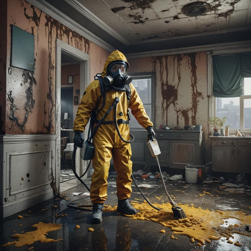 Male in Hazmat suit cleaning up mold infested apartment