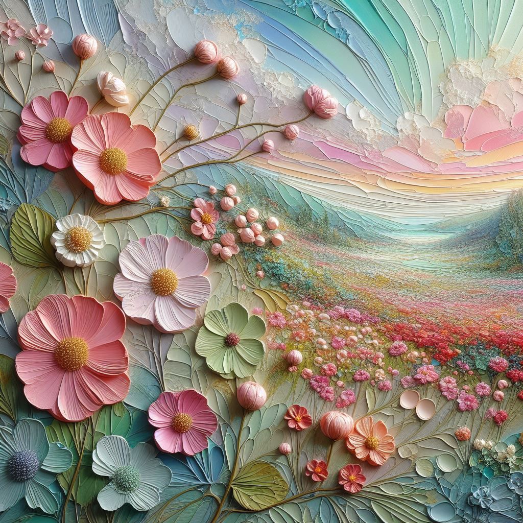 Panoramic landscape with soft pastel wildflower blooms