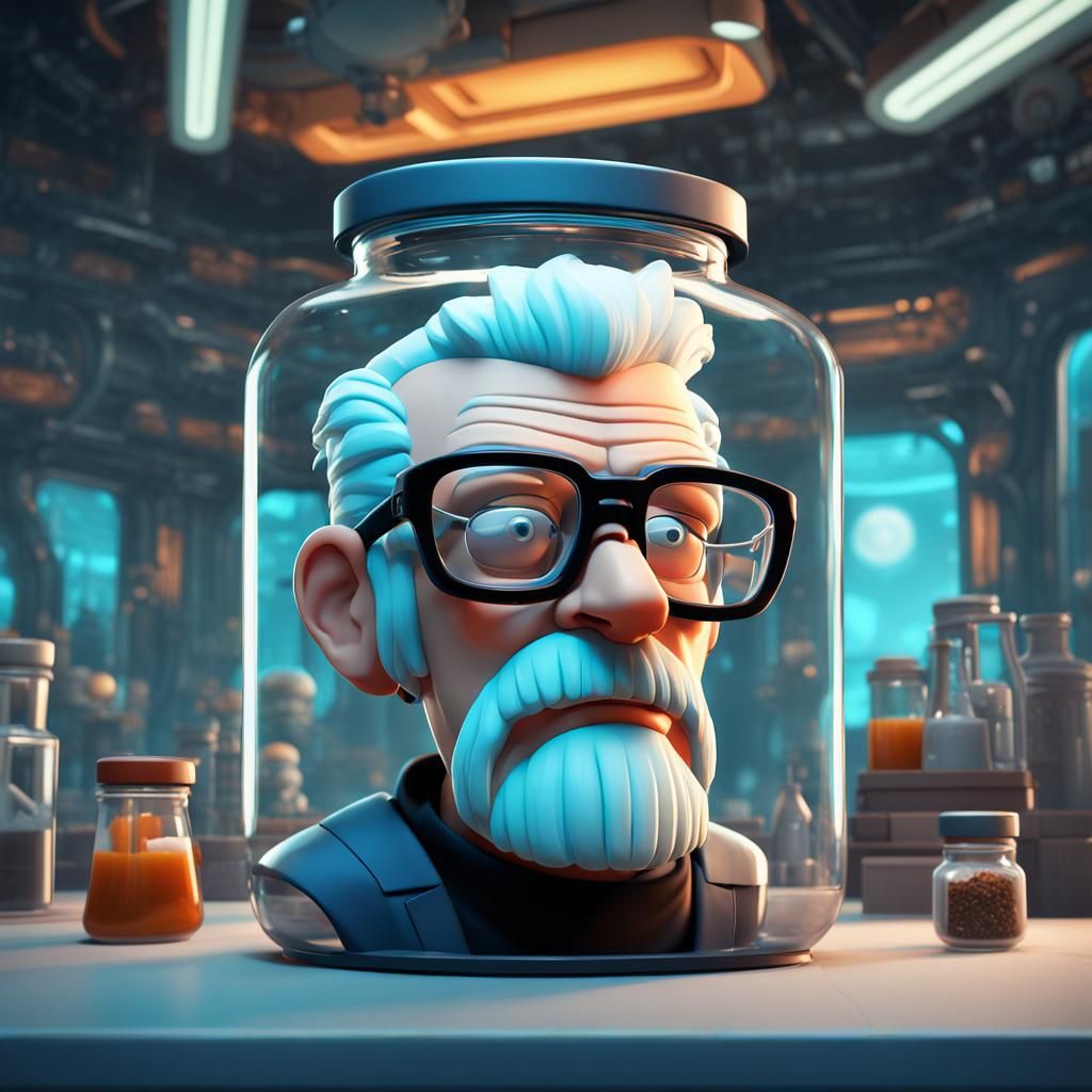 futurama head in a jar in a futuristic setting in cartoon st...