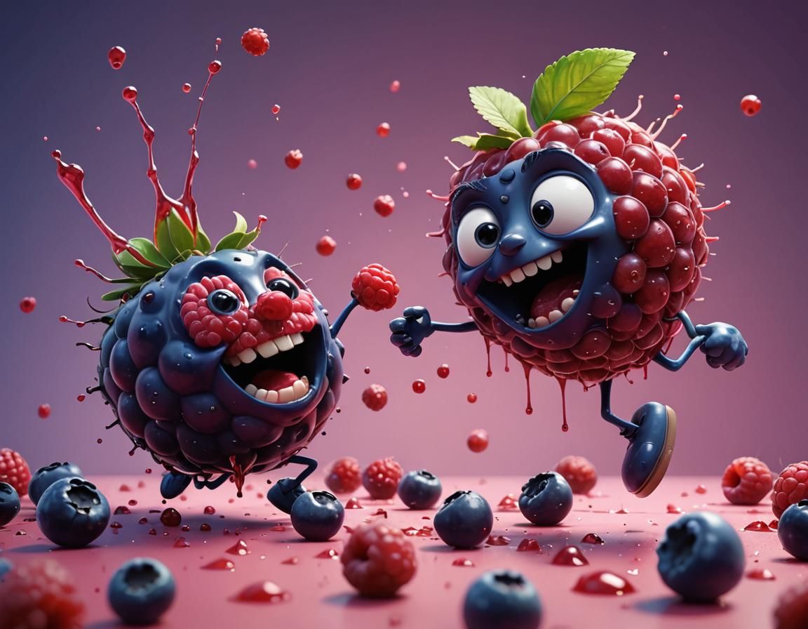 A fight between a raspberry and a blueberry, juice splatters...