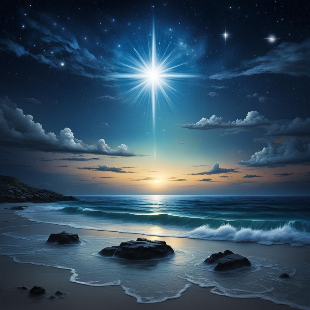 The North Star shines brightest in a beautiful star filled night sky over a tranquil ocean basked in ...  by @Terryh