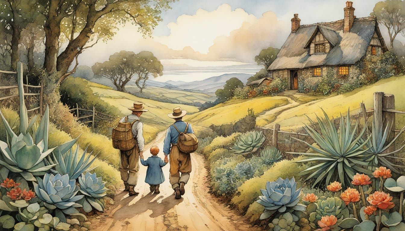 Father and Son Hunting: Whimsical Storybook Illustration