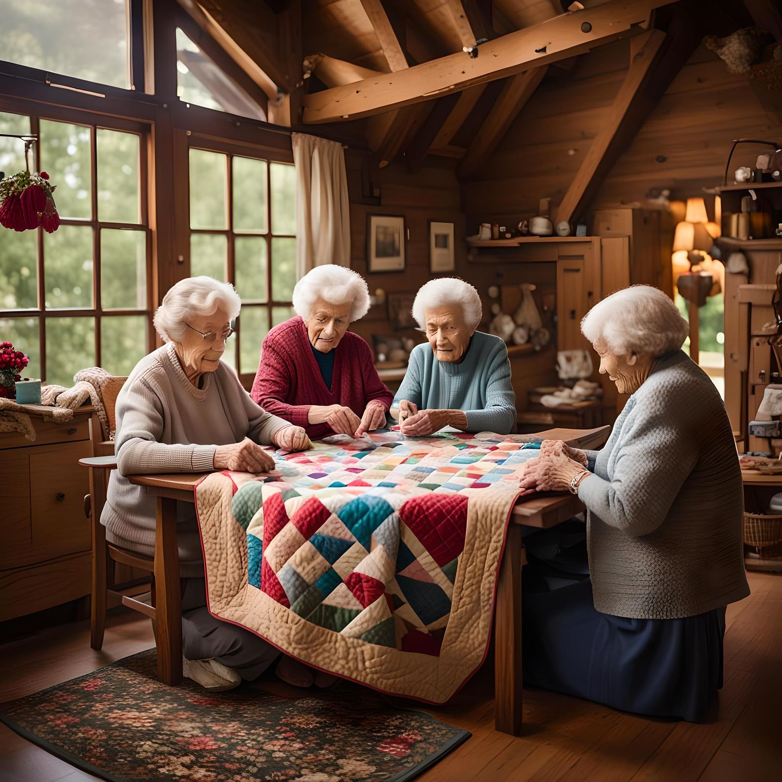 Cozy Cottage: Elderly Women Quilting Together