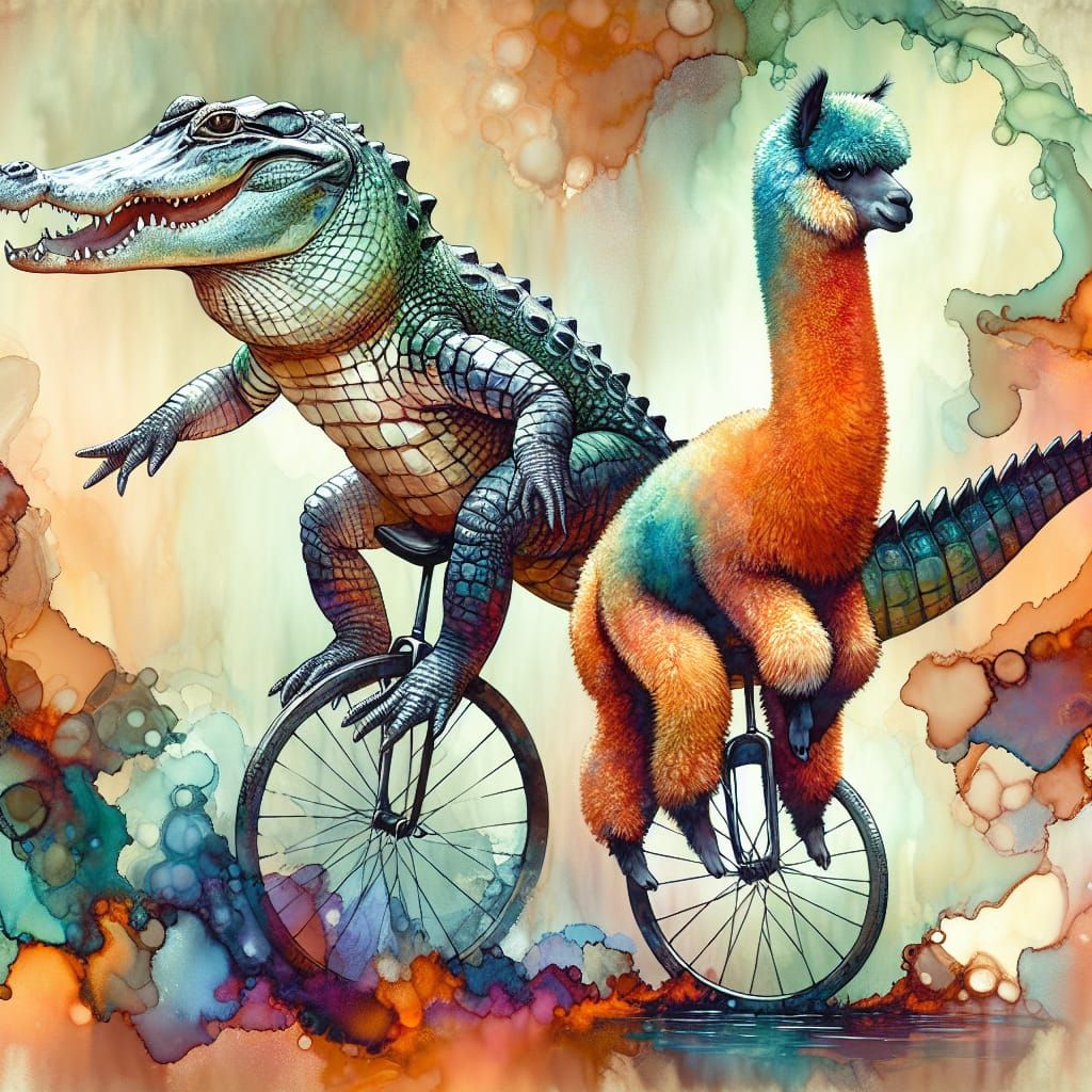 Alligator and Alpaca are excellent amigos, each exercising unusual unicycle expertise. alcohol-ink, encaustic, ...  by @Kedrian