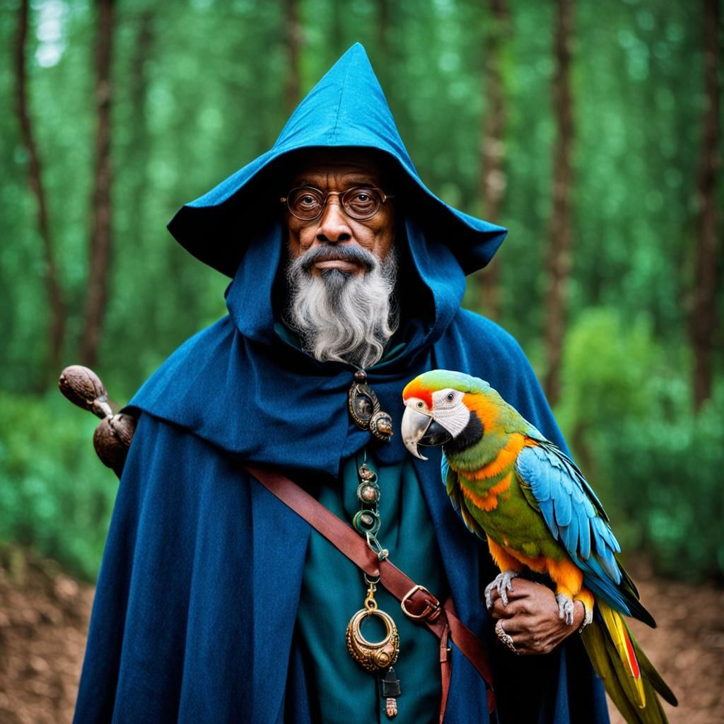 The mysterious wizard in a cloak with a parrot.
