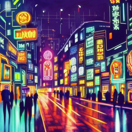 A city street at night, lit up with neon signs, Epic cinemat...