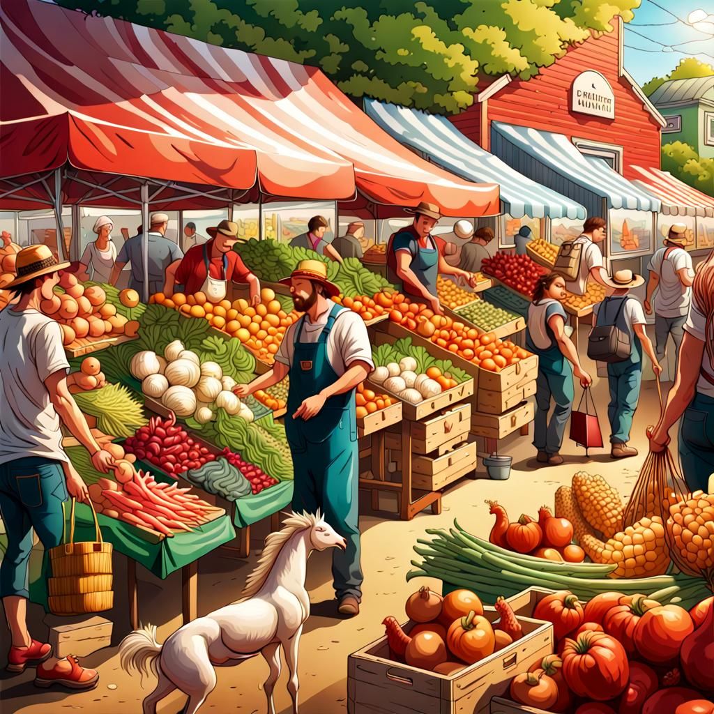 Vibrant illustrations showcasing a bustling farmer's market ...