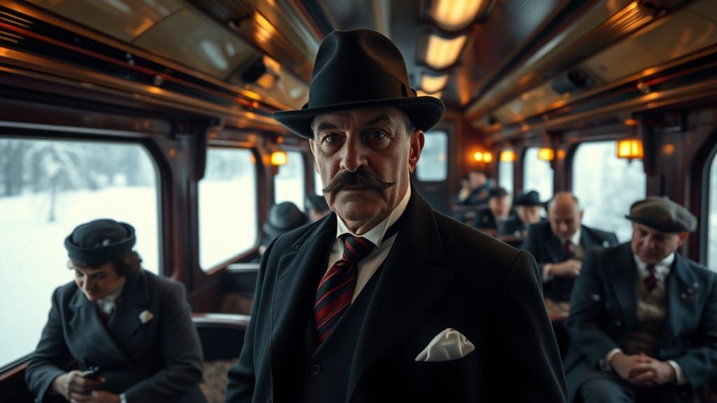 Hercule Poirot on the Orient Express in winter