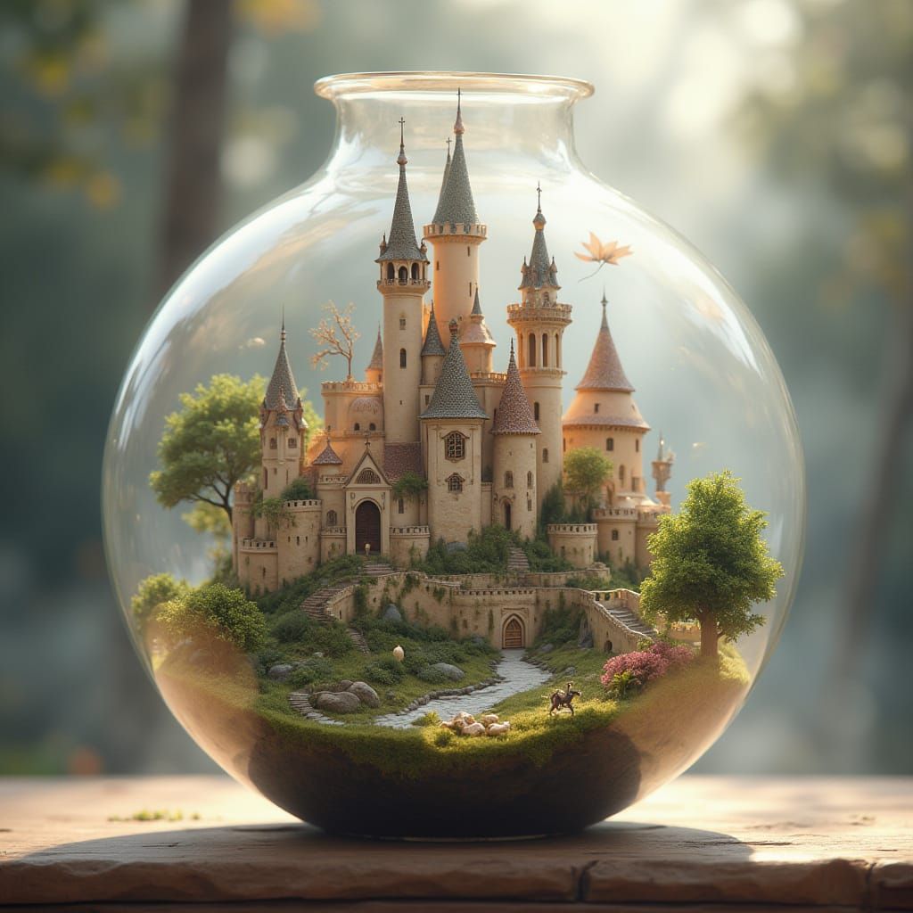Whimsical Miniature Castle World in Delicate Vase