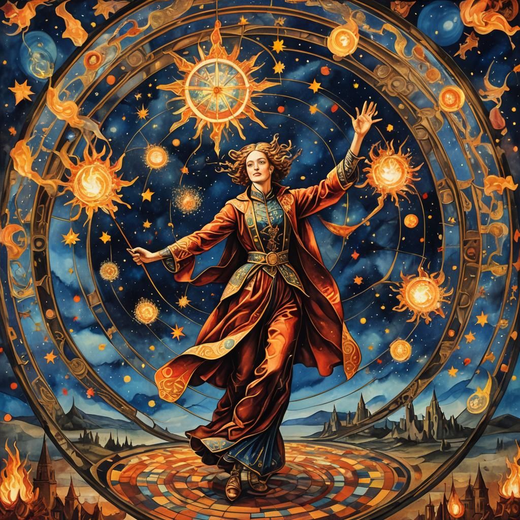Stained-Glass Fire-Poi Juggler twirling (WORLDS:3), sparklin...