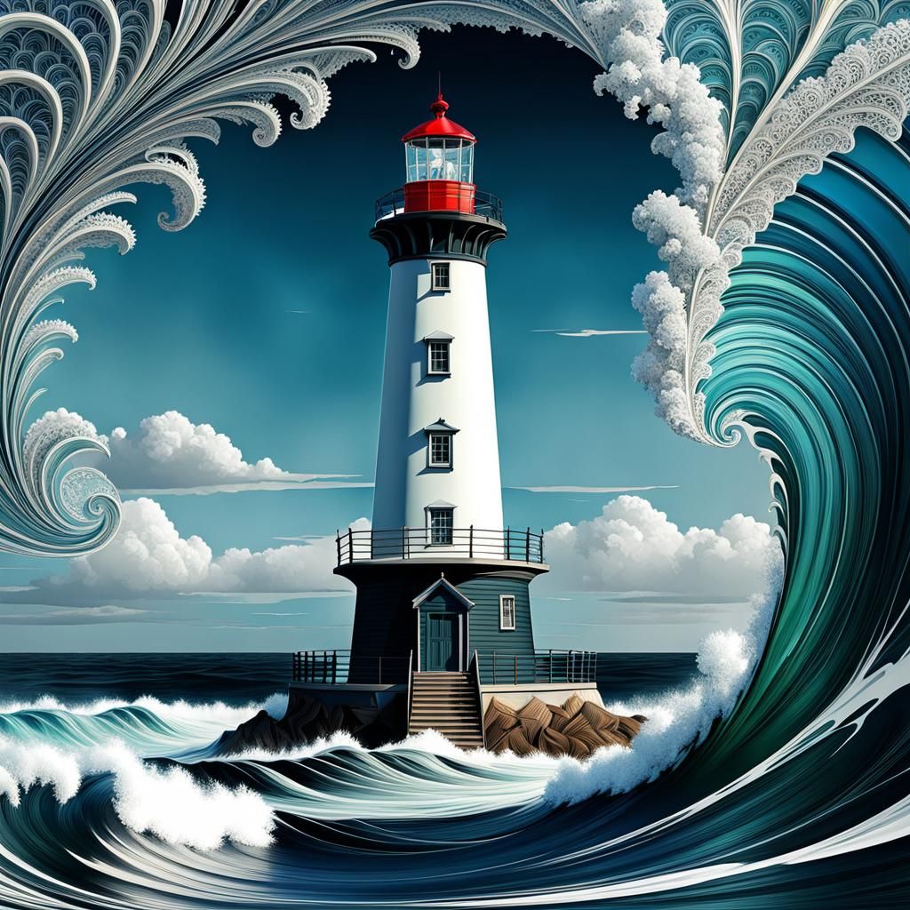 A lighthouse in the style ofTamara de Lempitzka, Raymond Hoo...