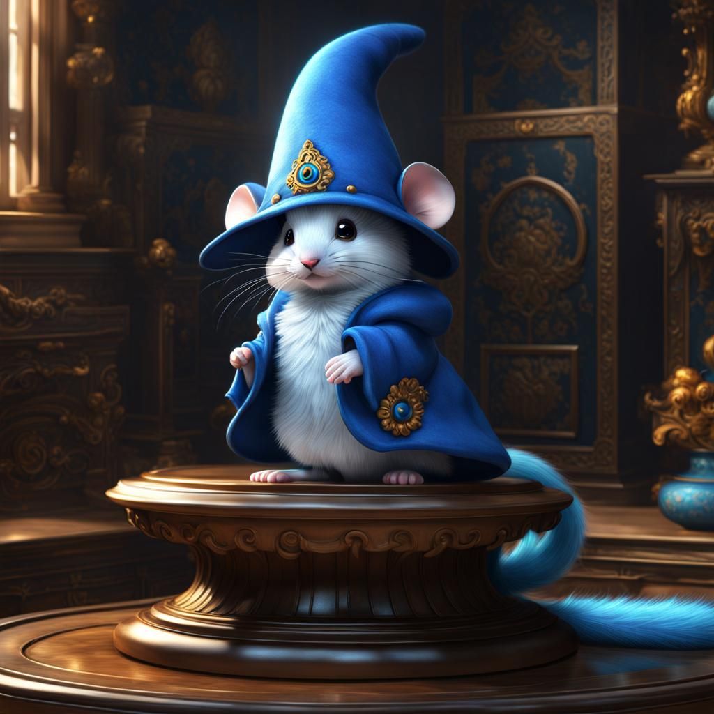 A cute blue fuzzed mouse kawai big headed big black eyed Extra fuzzy mouse on a big pedestal in a clean ...  by @ArtDreamer Selma