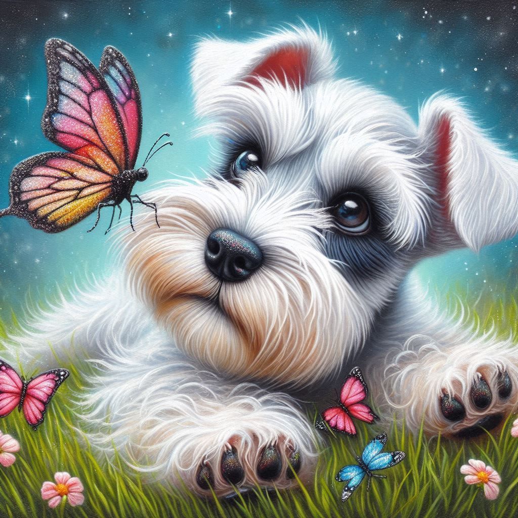 Cheeky White Miniature Schnauzer Puppy, laying on her Back P...