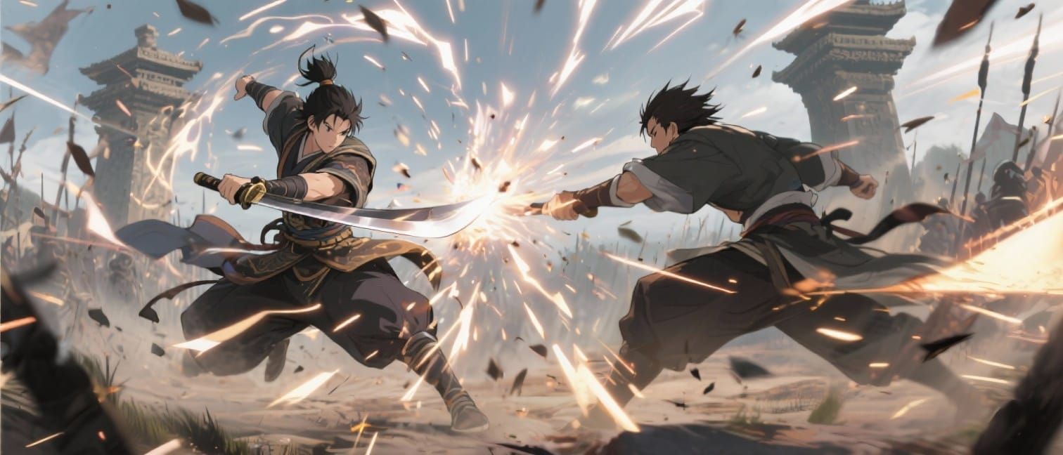 A skilled anime swordsman performs a lightning-fast, spinning slash, creating a blur of motion and sparks. ...  by @SKIMART