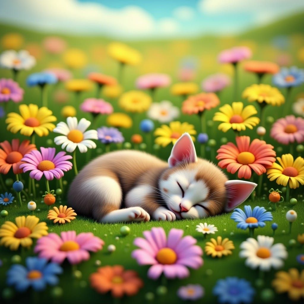 <lora:Flux Enigmatic:1.0> Kitten sleeping in field of flowers