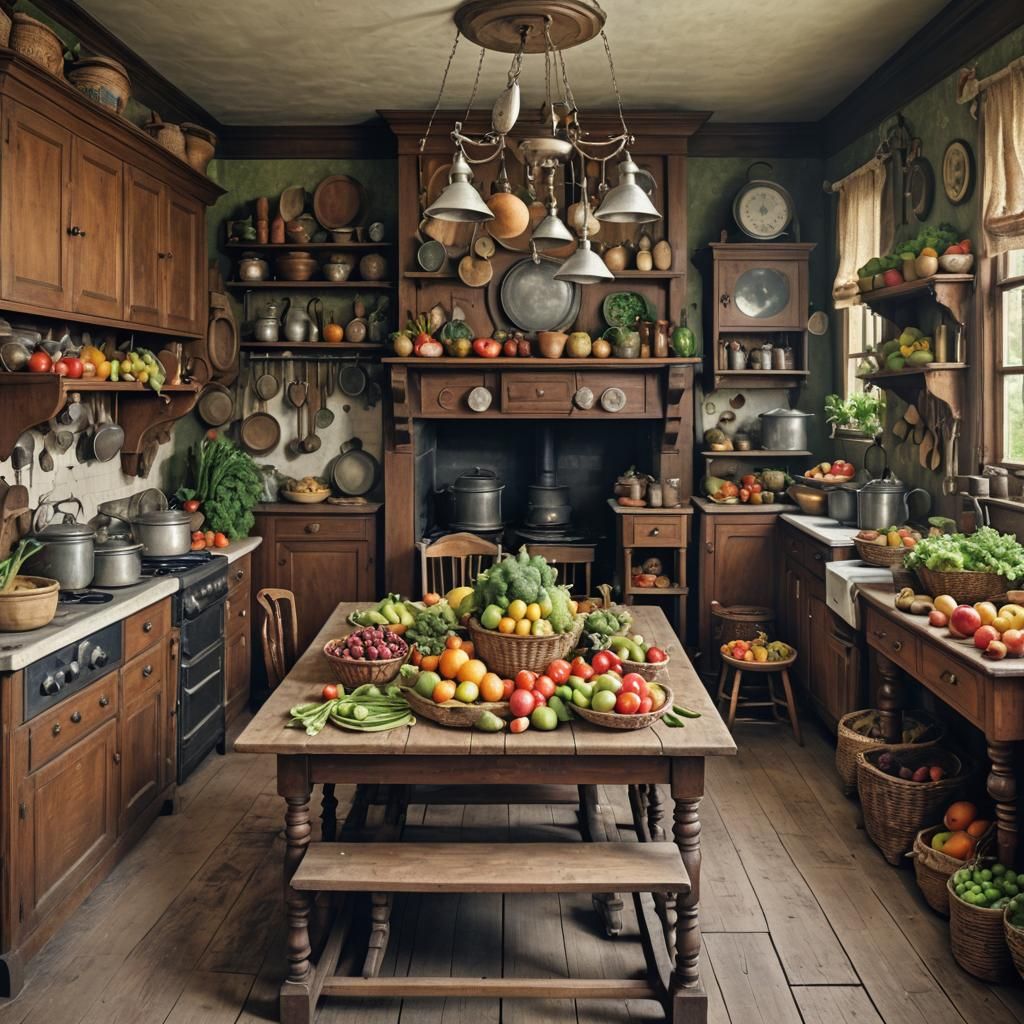 Victorian era kitchen with wooden table filled with fruit an...