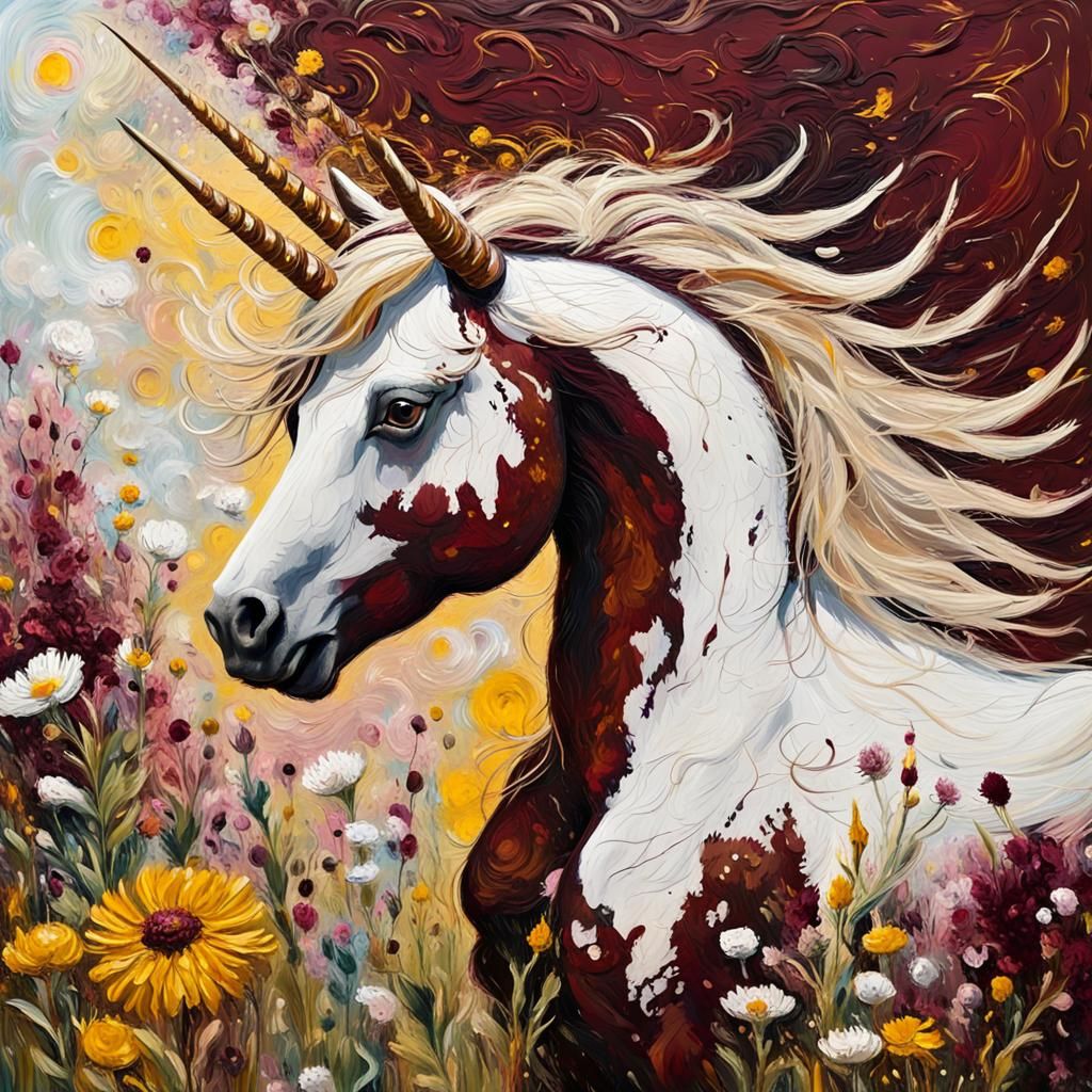 Abstract Impasto Unicorn in Floral Field Painting