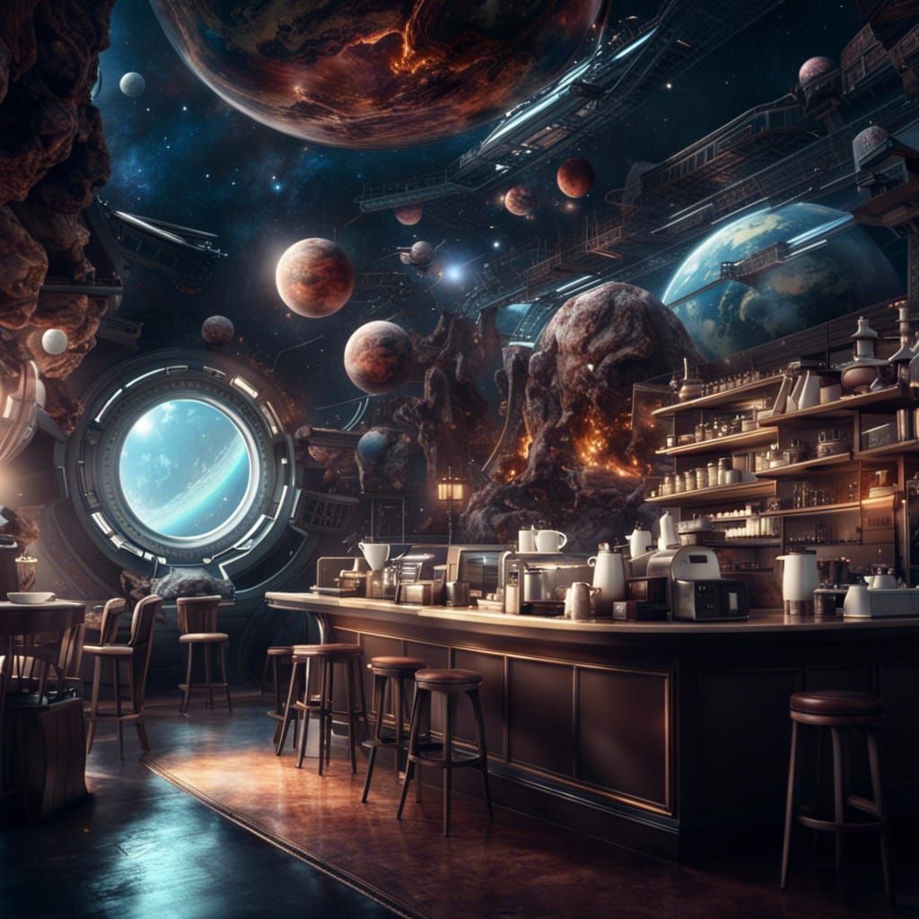 coffee shop in space  by @Maria W