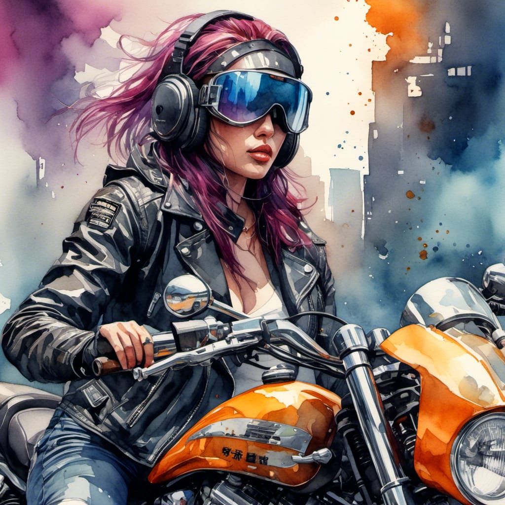 A tough cyberpunk female next to her motorcycle, hyper detailed digital watercolor illustration, watercolor painting, digital art, smooth, p...