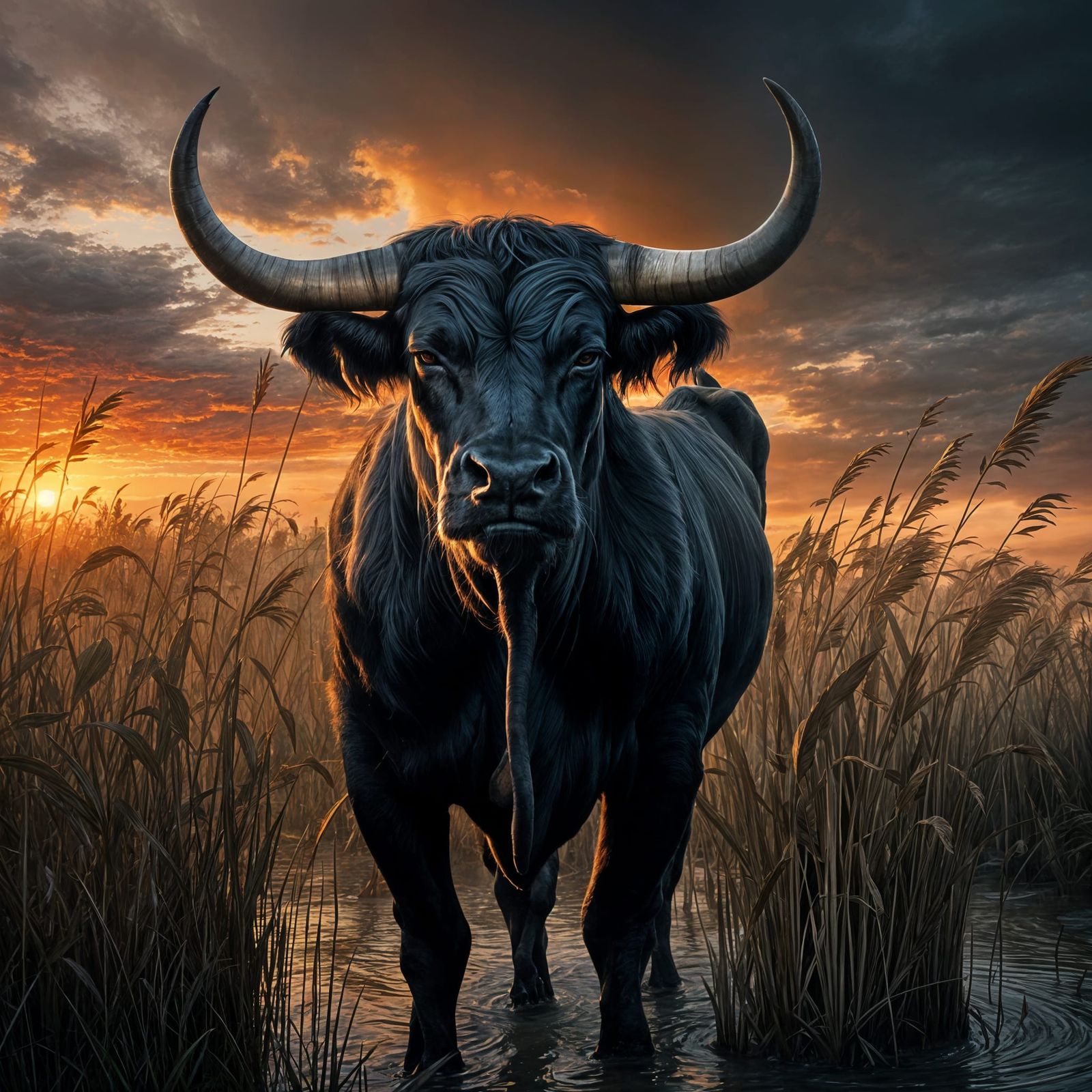Black Bull in Camargue Sunset, Hyperrealistic Painting