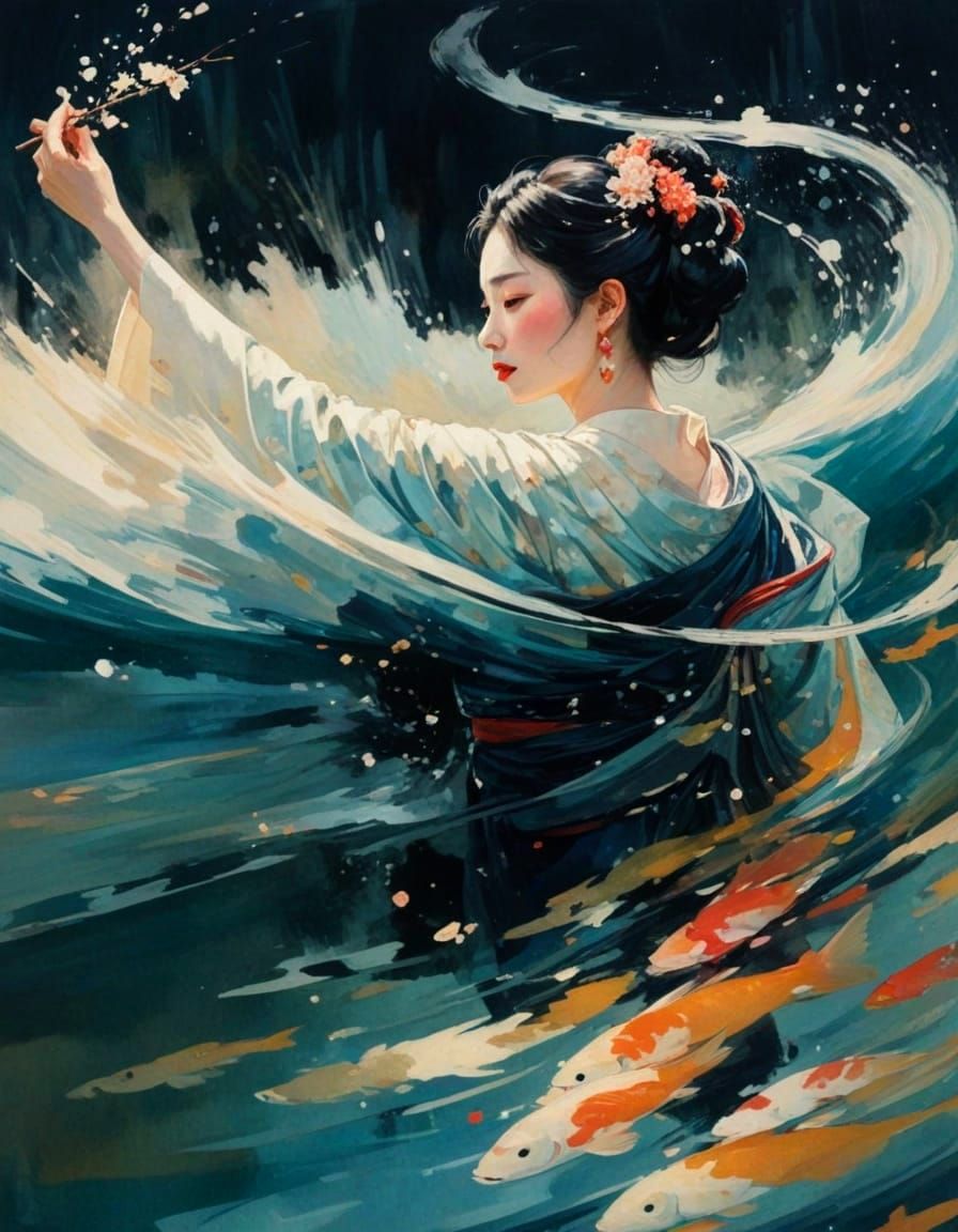 Portrait Geisha ENCHANTED GLITTERING LAKE, Bottom Lighting, drip painting Dynamic Fluidity In Motion, brushstrokes, Paul Cezanne, Cecily...  by @Daleone