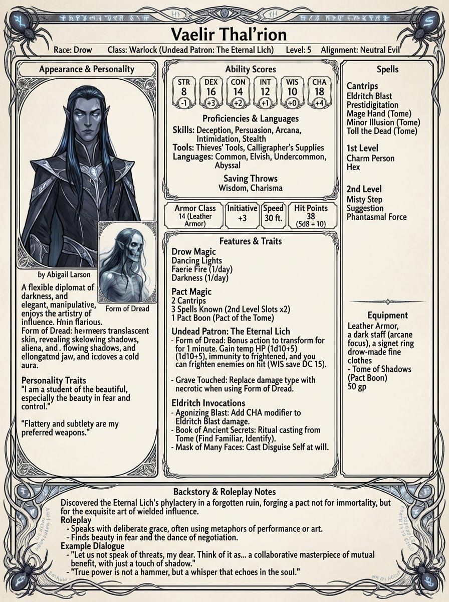 Dungeons & Dragons character sheet: "Vaelir Thal’rion" (Warl...