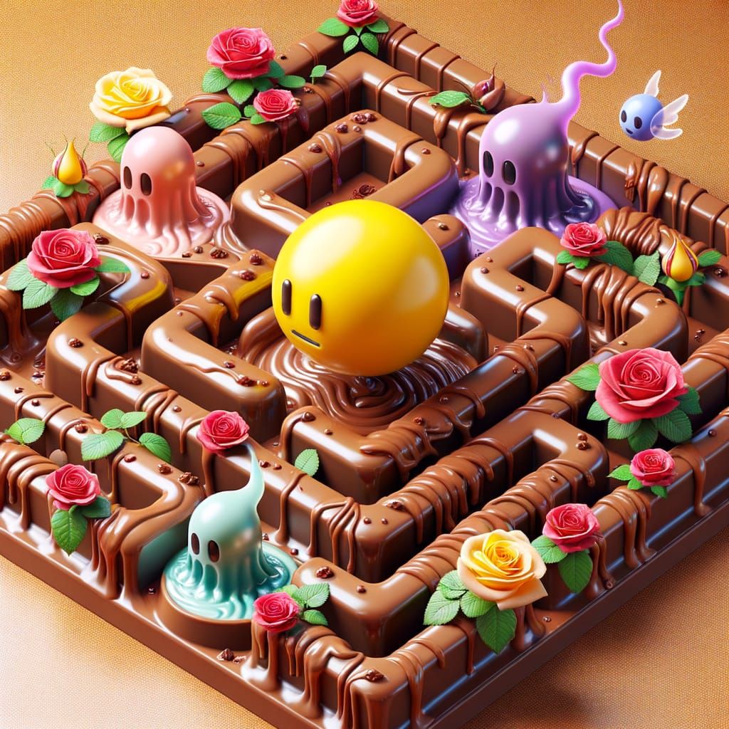 Pac-Man, Chocolate maze, melting chocolate rivers, roses, ghosts