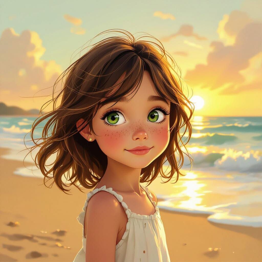 Girl on Beach at Golden Hour, Storybook Illustration Style