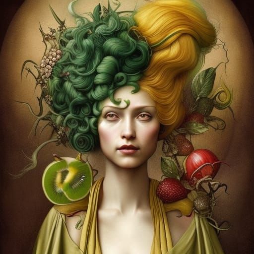 The lady with hair made out of fruit - AI Generated Artwork - NightCafe ...