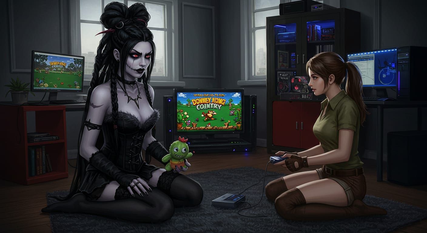 Lulu and Lara, enjoying Donkey Kong