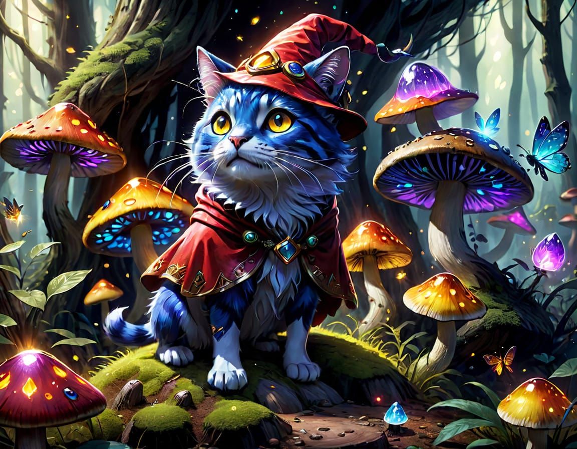 Tiny Wizard Dragon Stands on Mushroom in Enchanted Forest