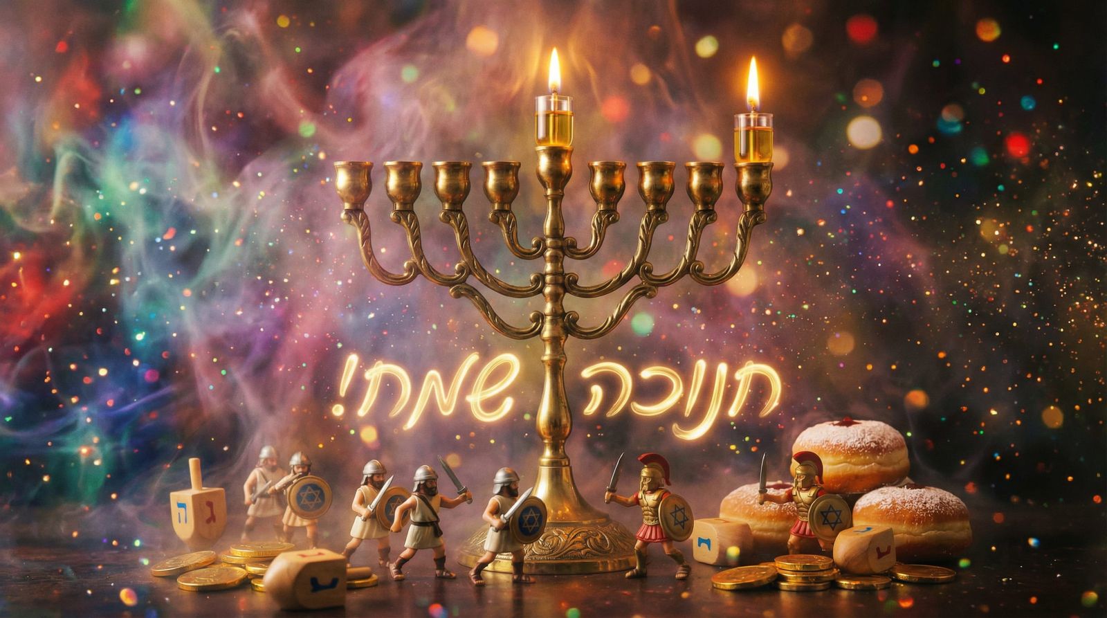 Magical Hanukkah Scene with Flickering Lights