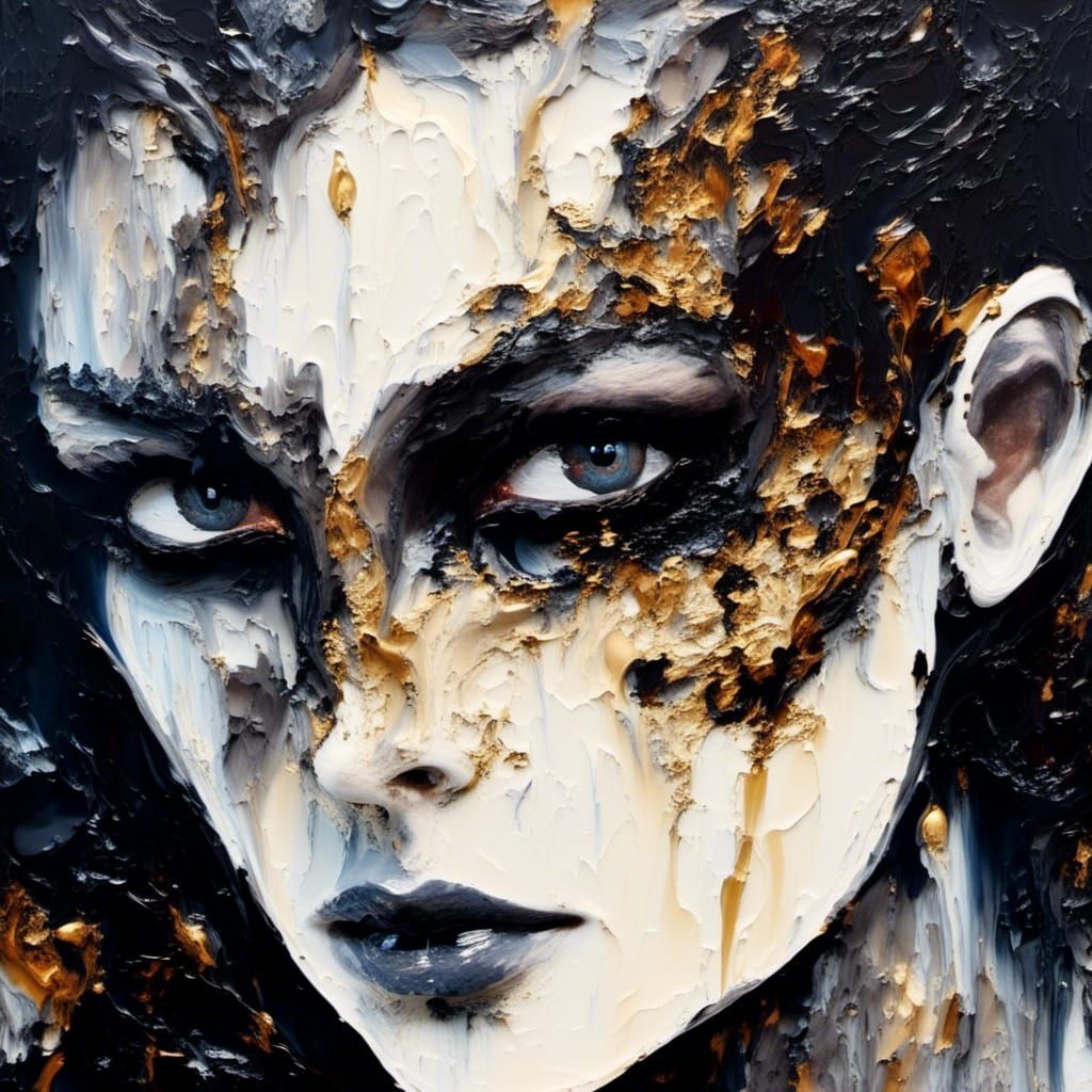 <lora:Impax:1.0> Thick Impasto crackelure Oil Portrait , stunningly Beautiful Sinister Demon  made of Black Swirling Oil , spatula technique...