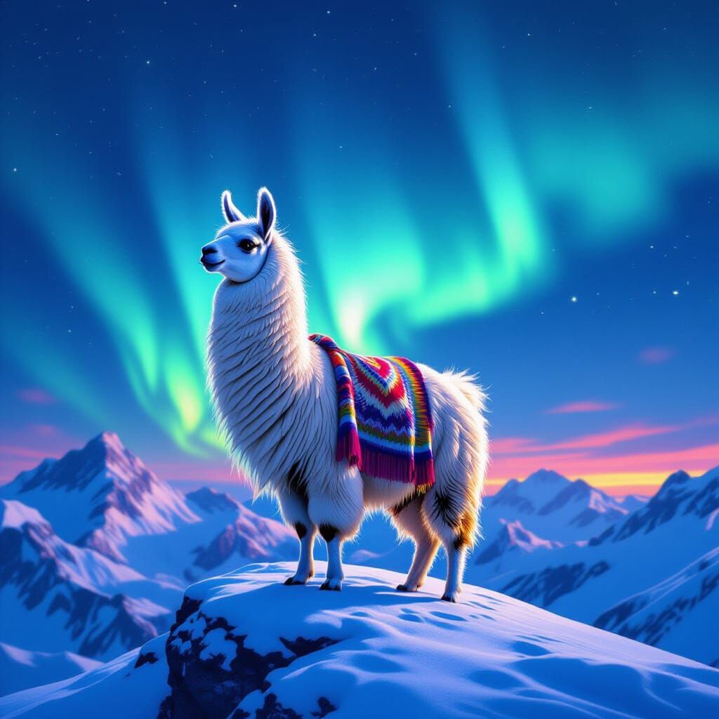 Majestic Llama on Snowy Peak Under Aurora