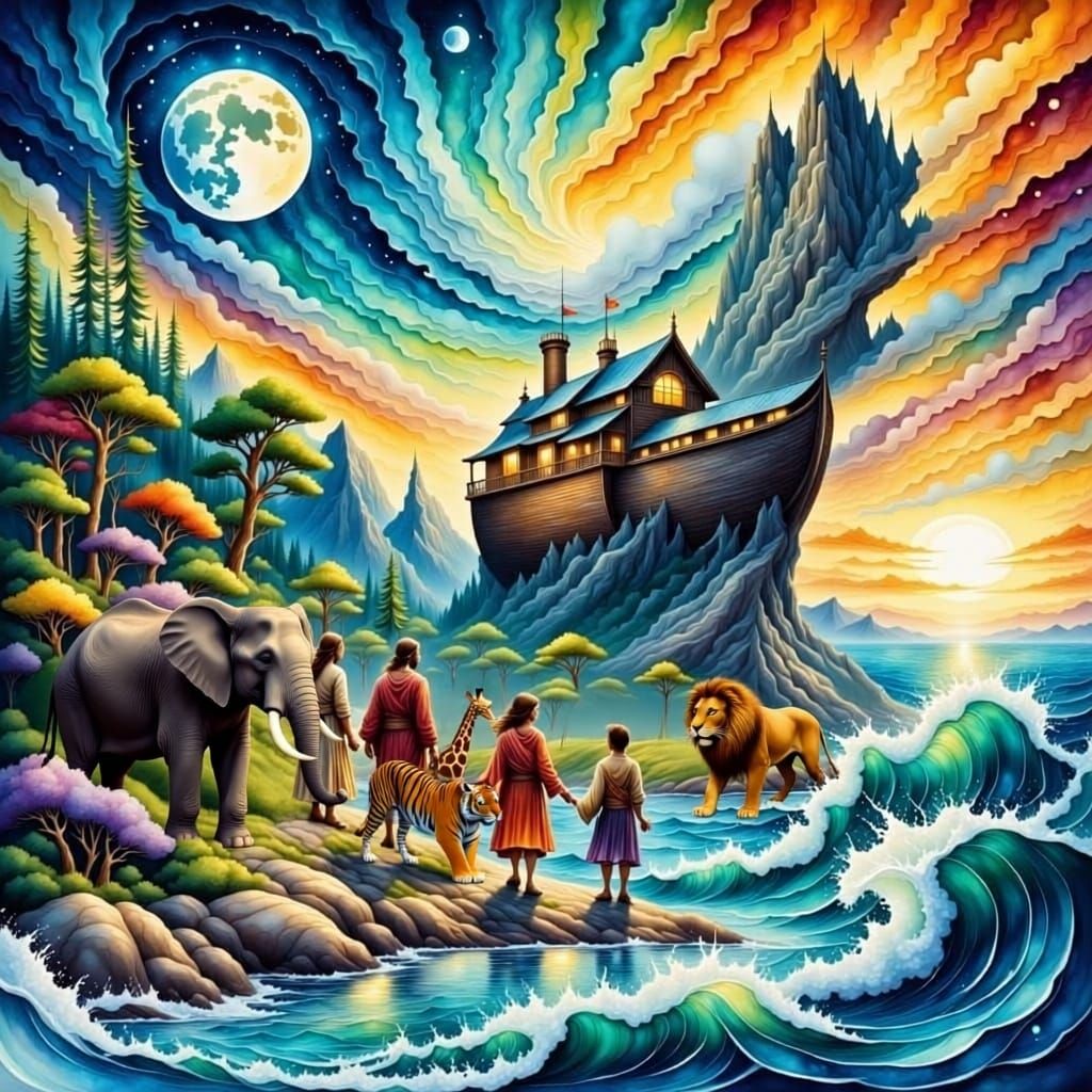 Noah's Ark Bible Story Watercolor and Ink Painting