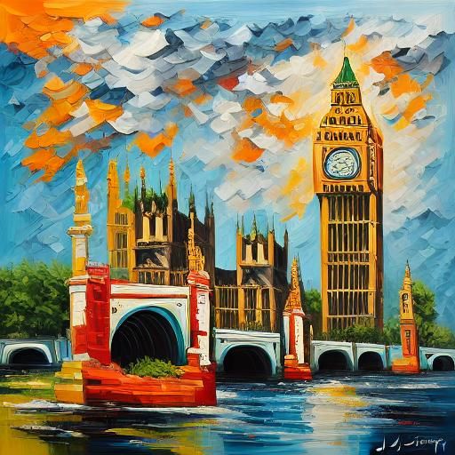 <lora:Impasto15:1.3> London quarter people Big Ben tower sunny day bold color colorful vibrant 