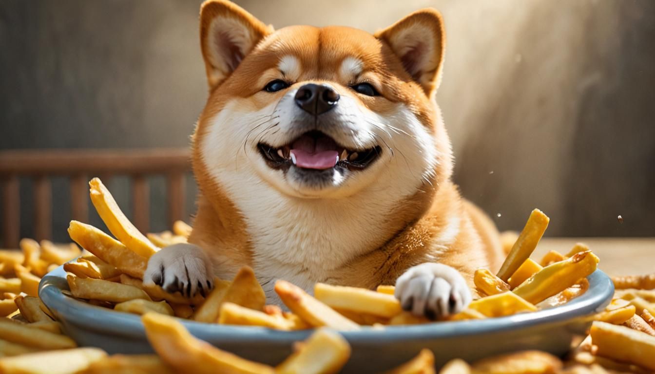The fluffy Shiba Inu wear clothes dreaming of fries, happily...