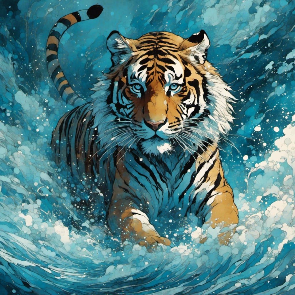 Tiger, blue hues <lora:Inked:1.0> 