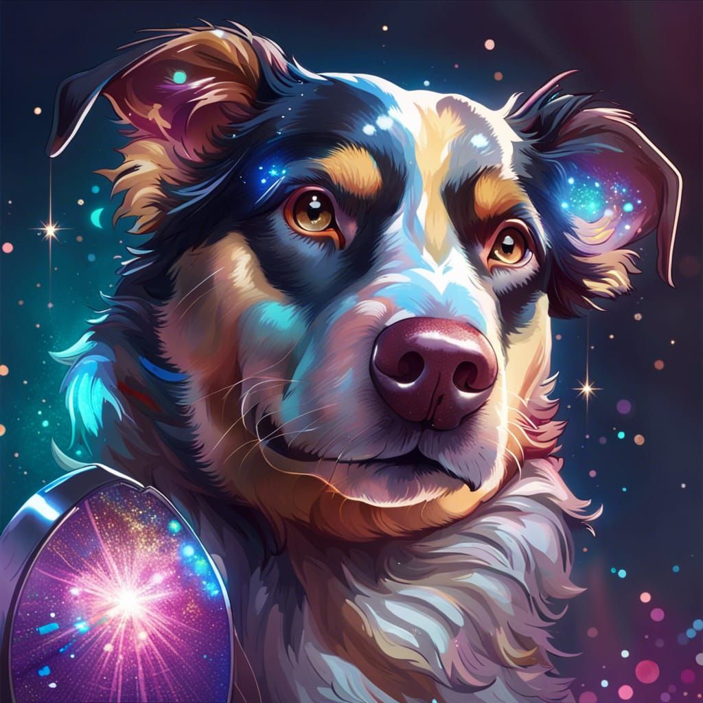 Glittering Dog Selfie Portrait in Hyperdetailed Style