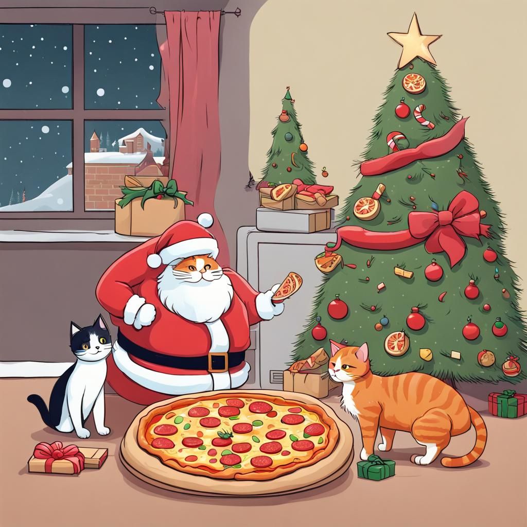 Cats next to pizza with santa Claus putting presents under a...