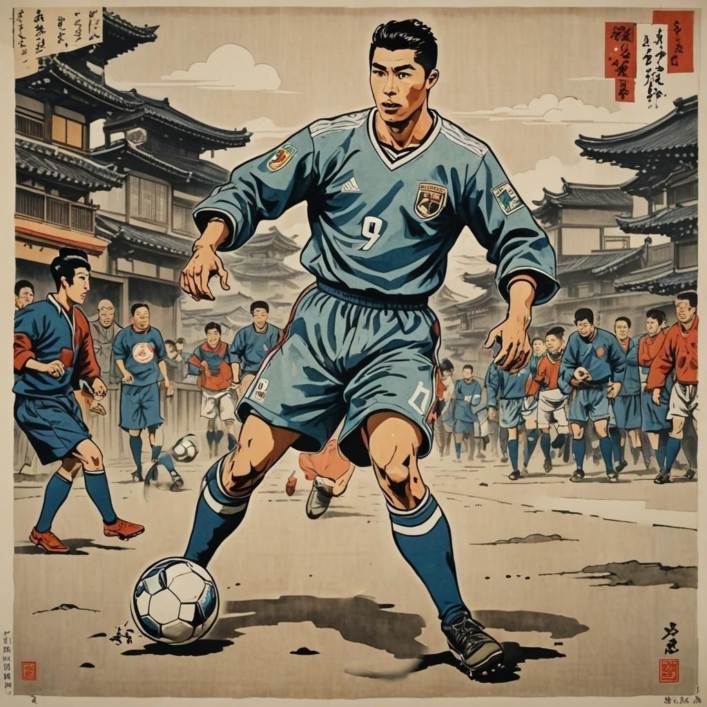 Biopunk as Cristian Ronaldo playing football, Ukiyo-e