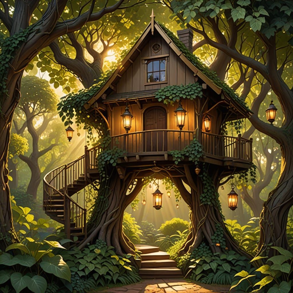 A tranquil, painterly scene of a wooden treehouse in a sun-dappled forest, featuring ivy and lanterns. ...  by @Moonflowerrose